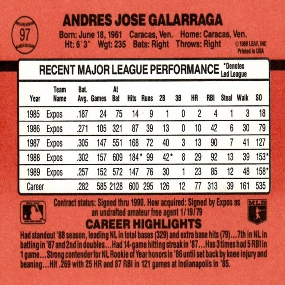 Andres Galarraga (Montreal Expos) Donruss '90 Series MLB Card - Card Number 97 - Picture 2 of 2